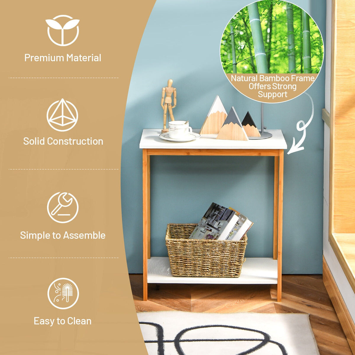 23 Inch Height 2-tier End Table with Bamboo Frame and Bottom Shelf-White