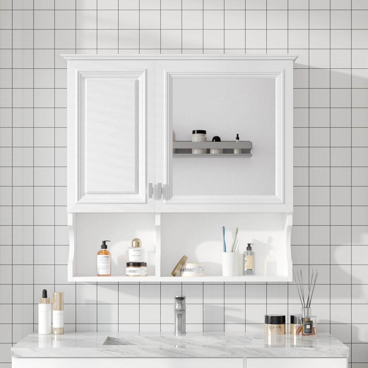 Wall Mounted Mirror Medicine Cabinet, Bathroom Storage With Doors And Open Shelves