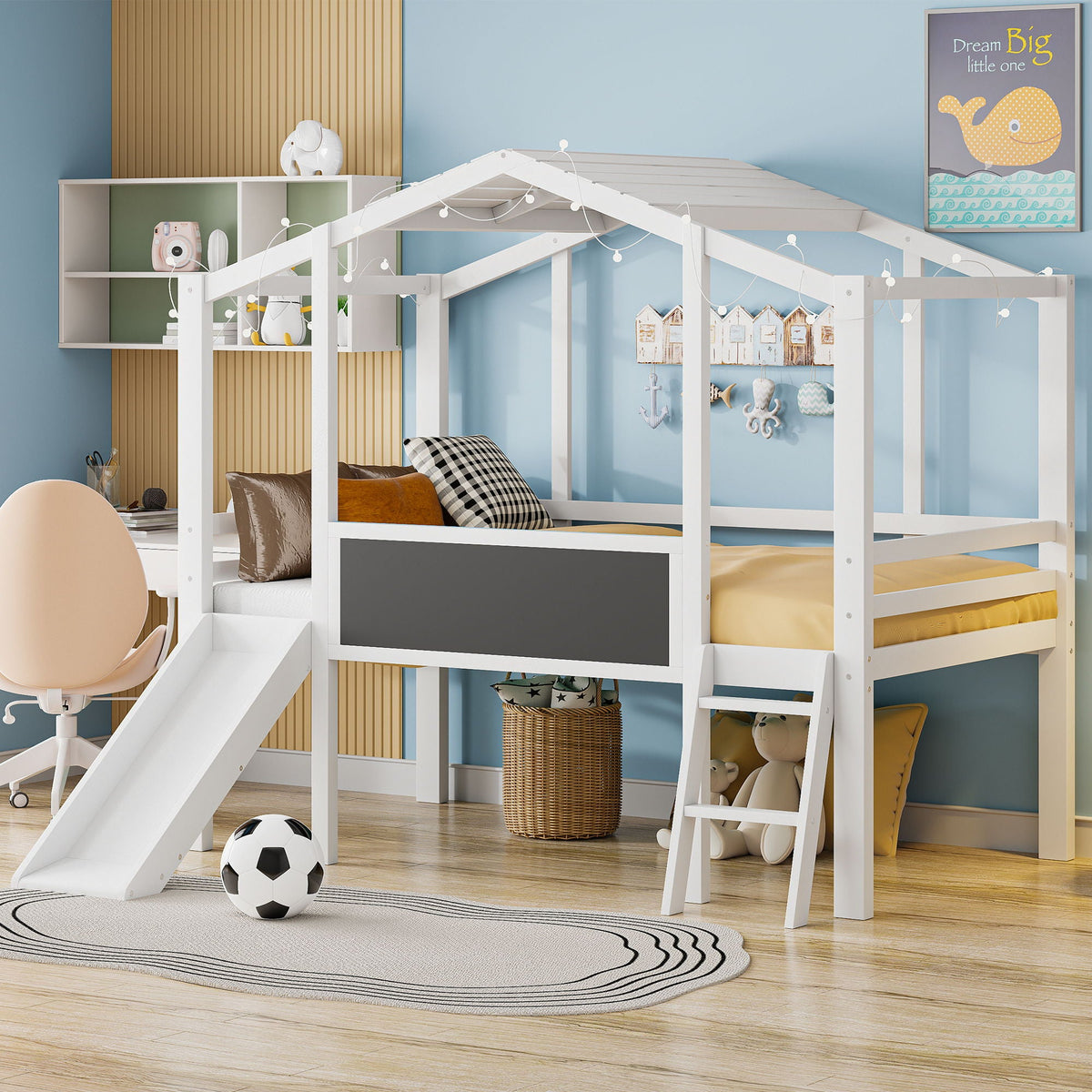 Loft House Bed With Ladder And Slide, With board And Light Strip On The Roof
