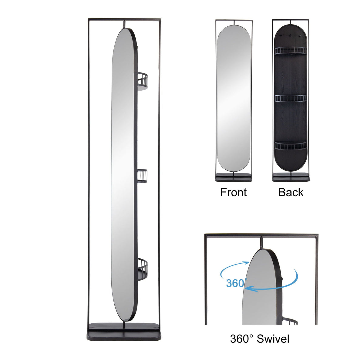 Full Length Standing Mirror, 360° Swivel Floor Mirror For Bedroom - Black
