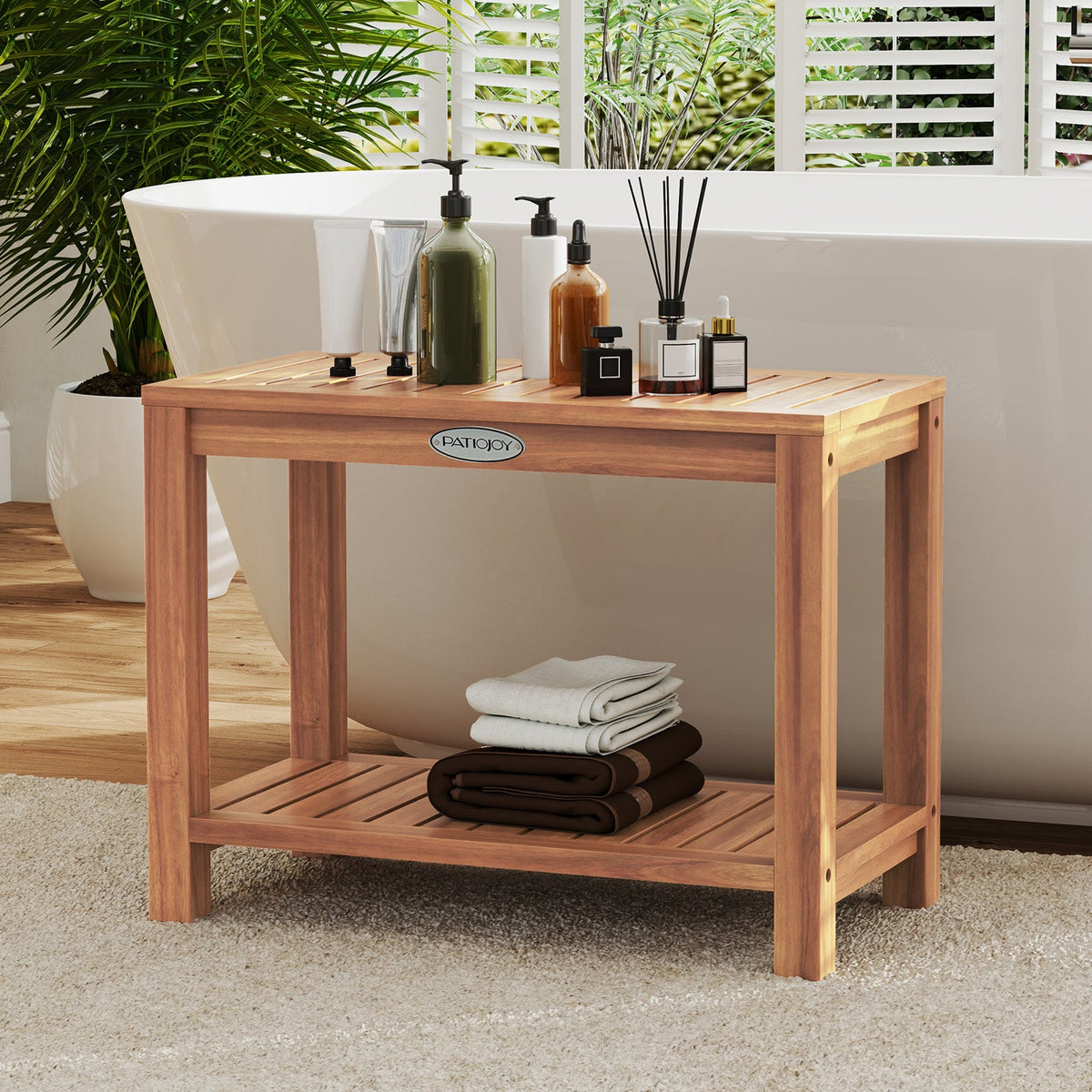 24 Inch Teak Wood Shower Bench Inside Shower Stool with Storage Shelf