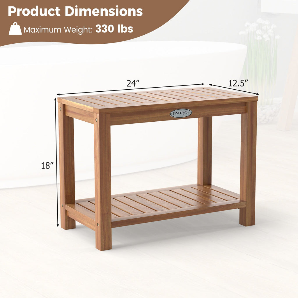 24 Inch Teak Wood Shower Bench Inside Shower Stool with Storage Shelf