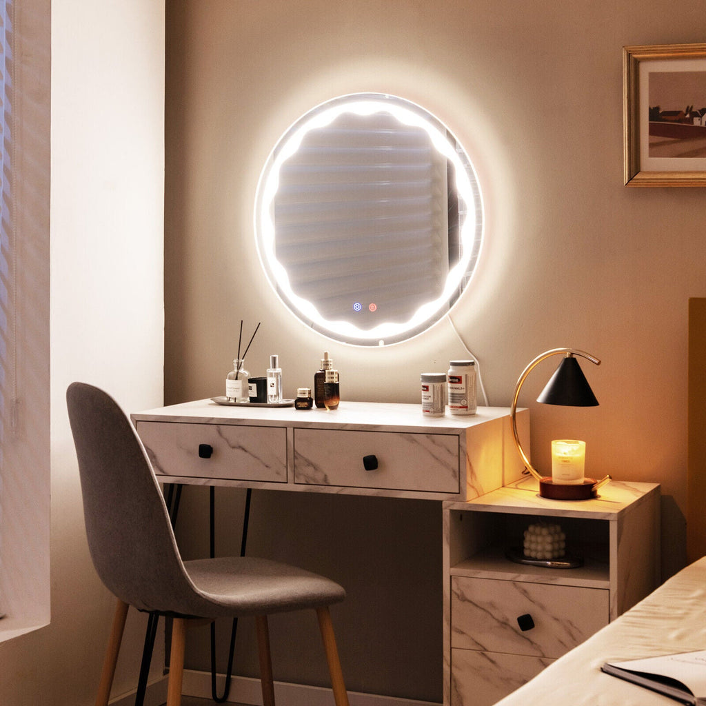 24 Inch Round Wall Mirror with 3-Color LED Lights and Smart Touch Button