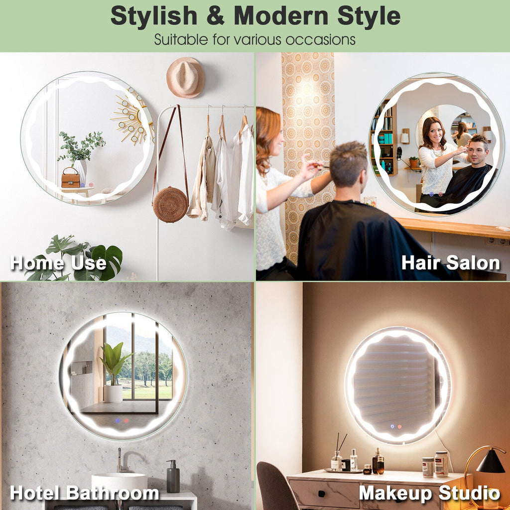 24 Inch Round Wall Mirror with 3-Color LED Lights and Smart Touch Button