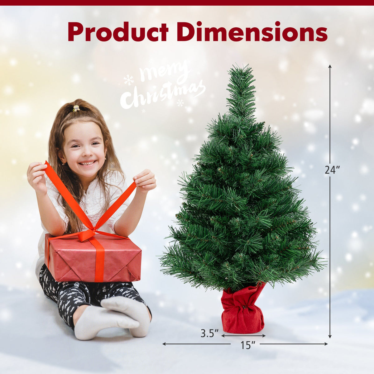 24 Inch Mini Pre-Lit Christmas Tree Small Tabletop Fir Xmas Tree
