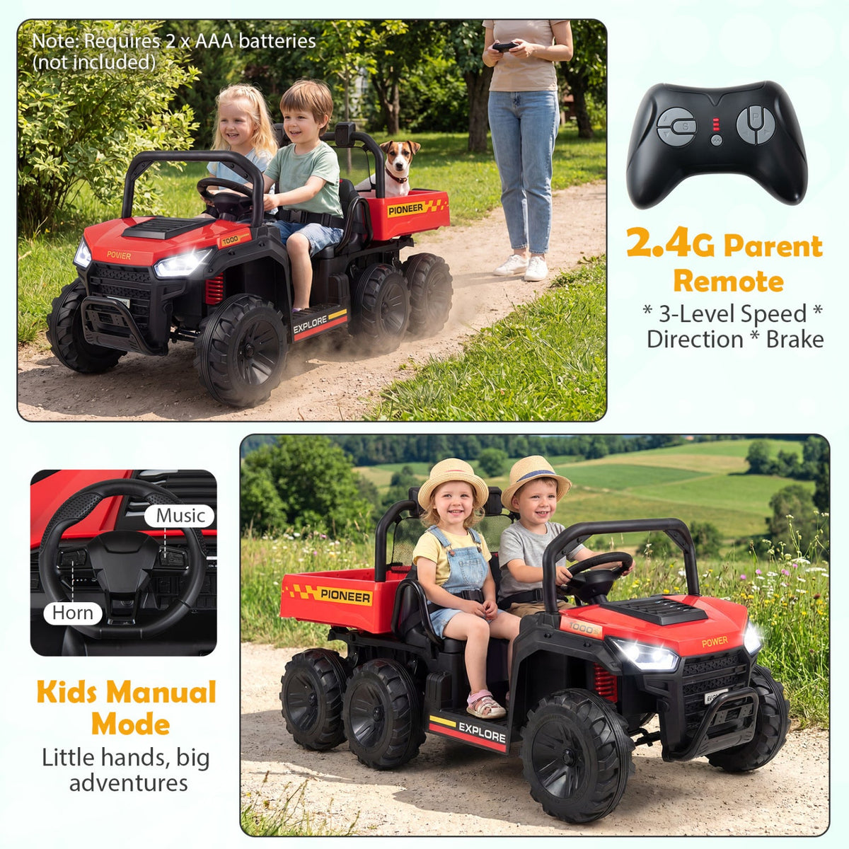24V 2-Seater Kids Ride on Dump Truck 4WD with Electric Dump Bed and Lights