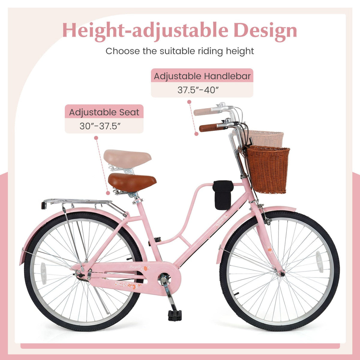 26-Inch Beach Cruiser Bike with Basket and Cup Holder - Pink