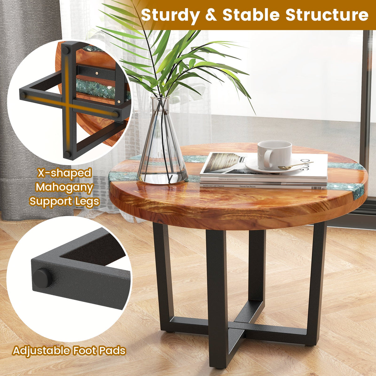 24 Inch Outdoor Solid Live Edge Round Teak Wood End Table with Epoxy Resin Tabletop