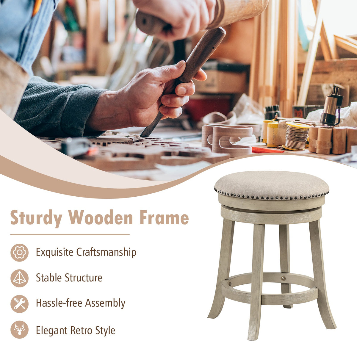 24/26 Inches Swivel Bar Stools Set of 2 wth Wooden Frame