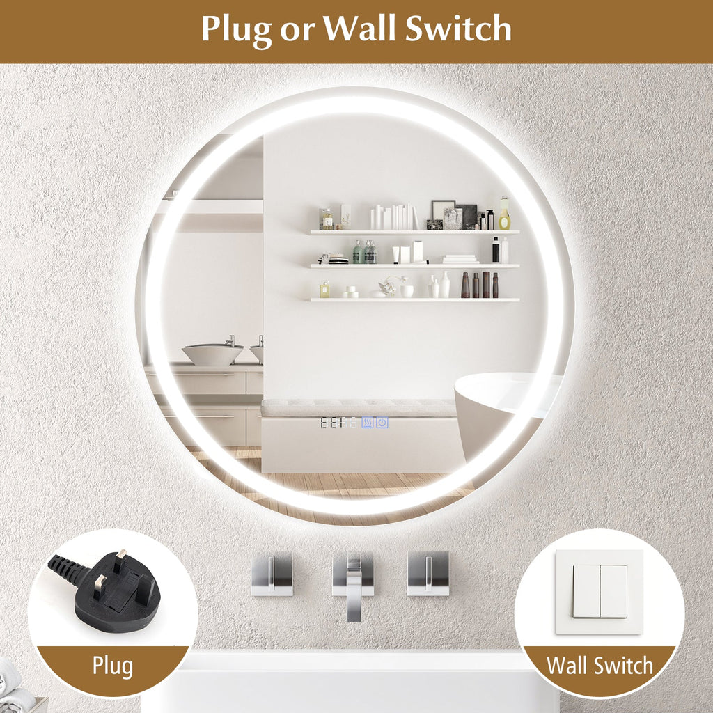 24 Inch Anti-Fog Bathroom Wall Mirror with 3-Color LED Lights and Temperature Display