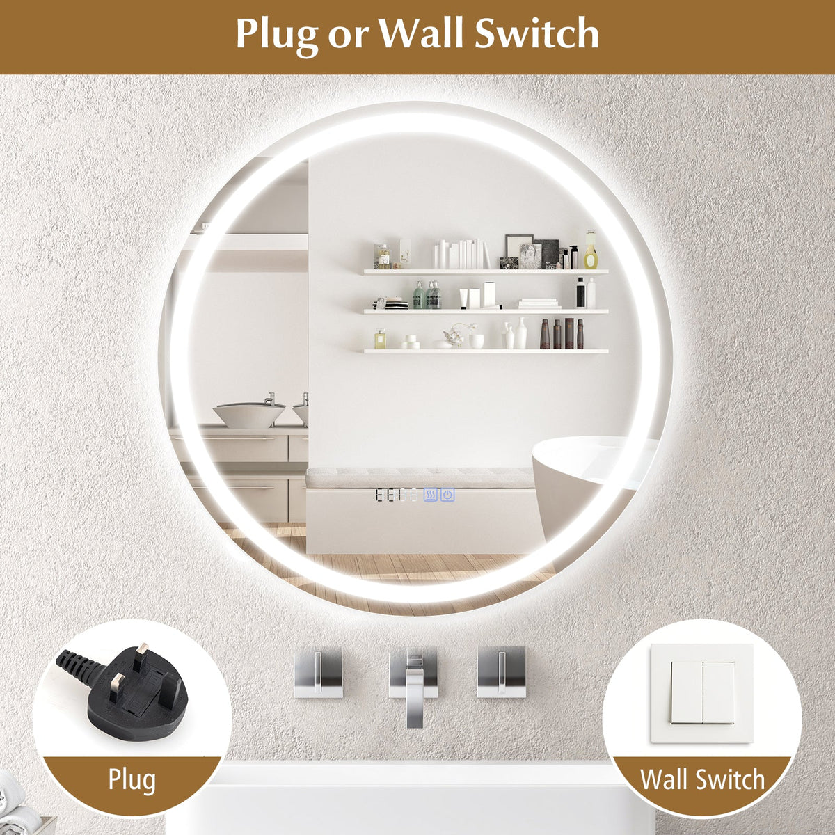 24 Inch Anti-Fog Bathroom Wall Mirror with 3-Color LED Lights and Temperature Display
