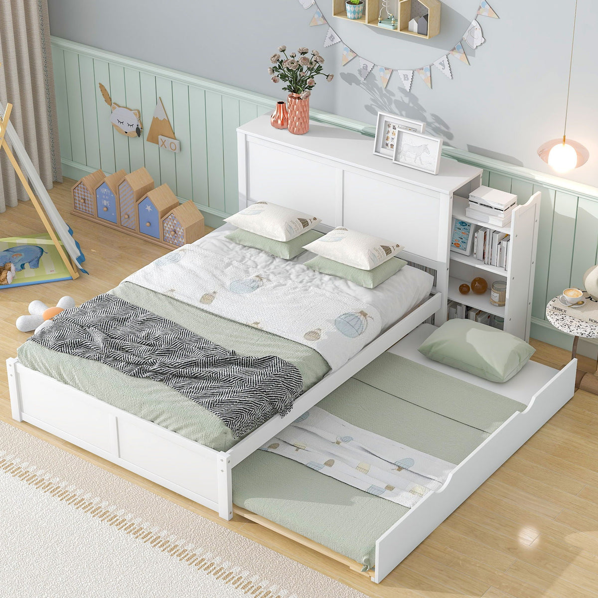 Storage Platform Bed With Pull Out Shelves And Trundle