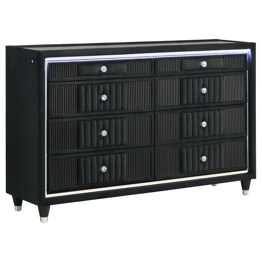 Ravenne 8-drawer Velvet Upholstered LED Dresser Cabinet Black