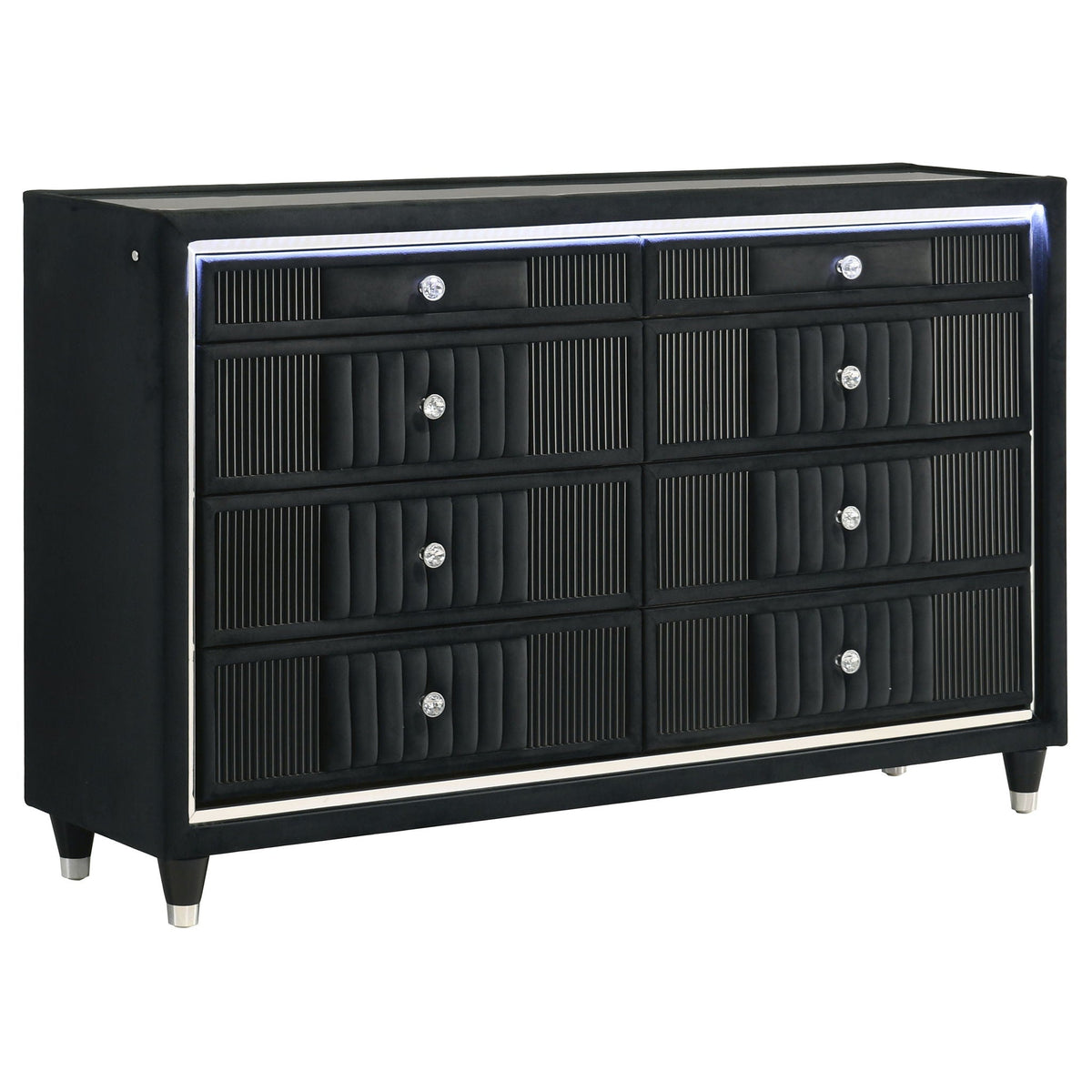 Ravenne 8-drawer Velvet Upholstered LED Dresser Cabinet Black