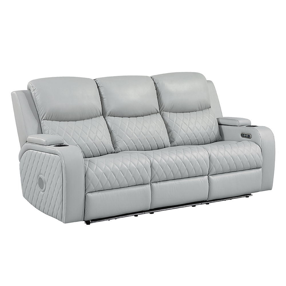Elonzo - Power Motion Sofa With LED, Power Headrest & Speaker - Light Gray