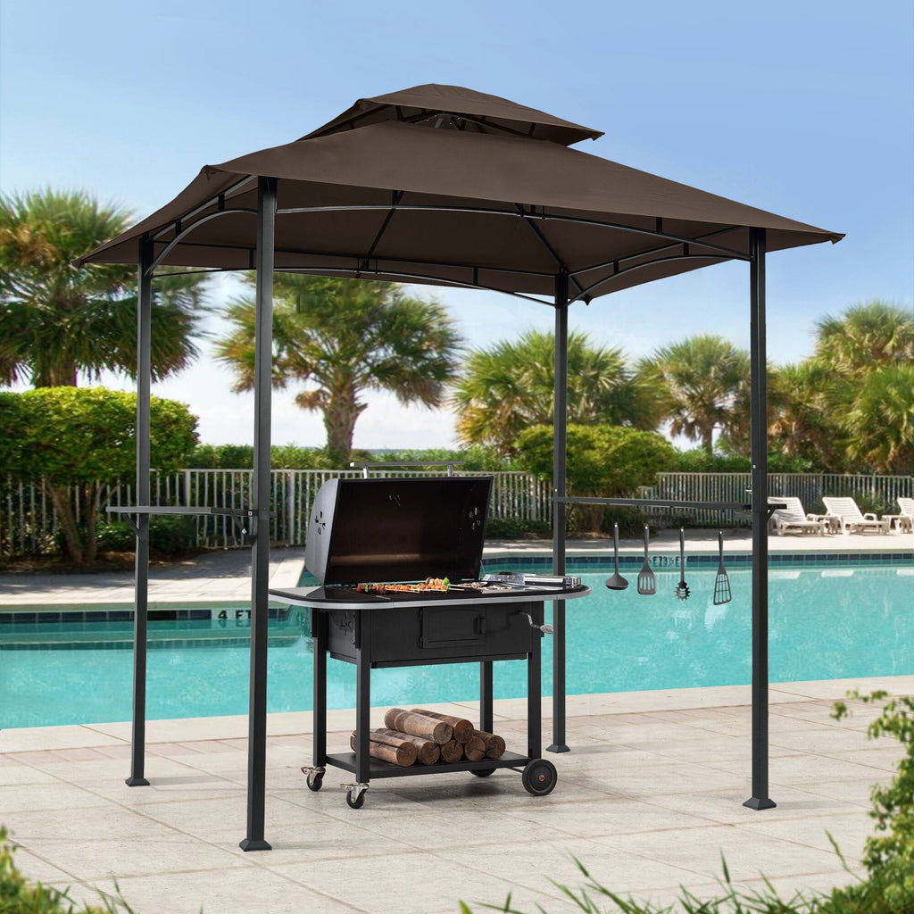 Outdoor Grill Gazebo With Double Tier Soft Top Canopy, Steel Frame, Bar Counters & Hook