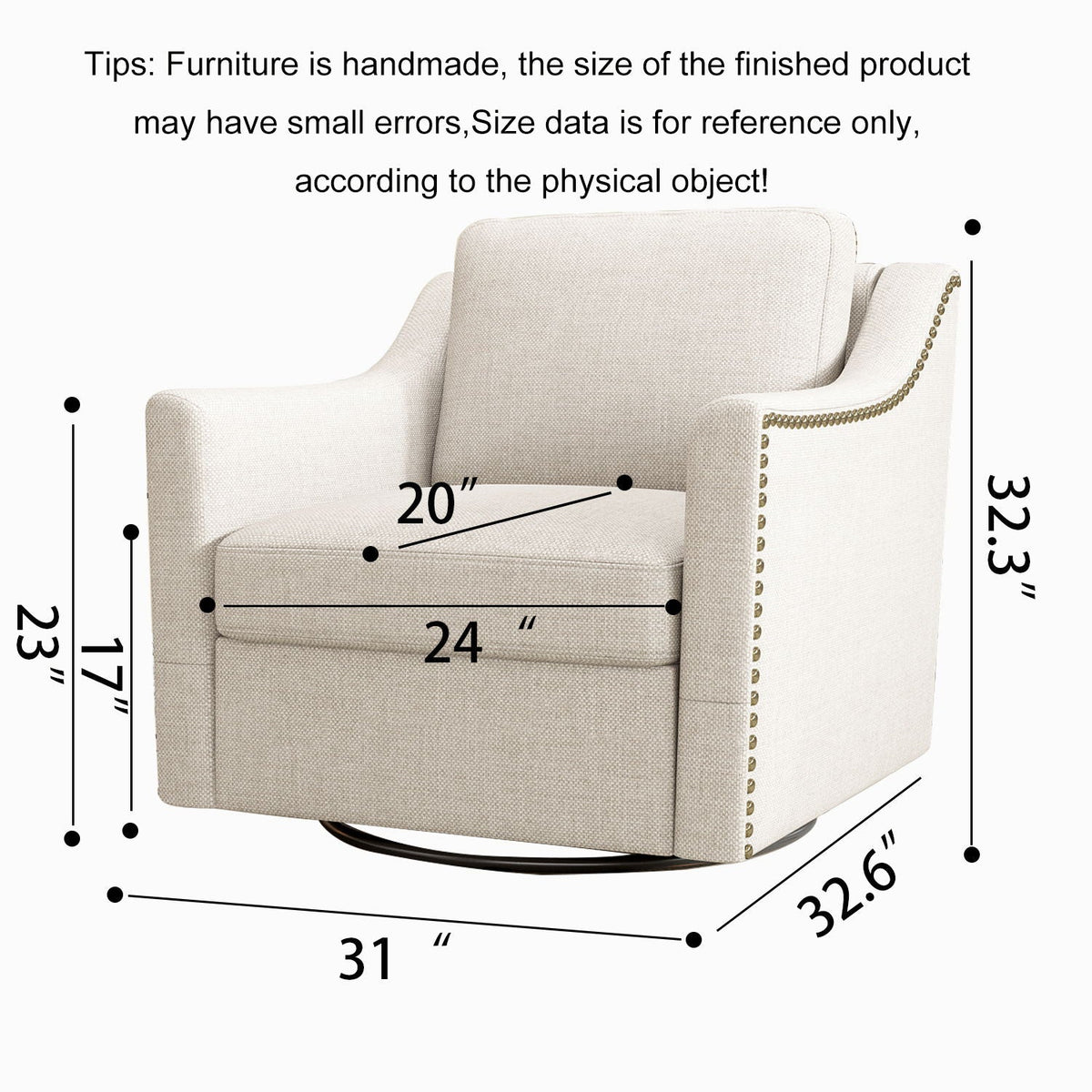 360 Degree Swivel Armchair, Skin Friendly Fabric, Ergonomic Design, Brass Nail Decorative Armchair