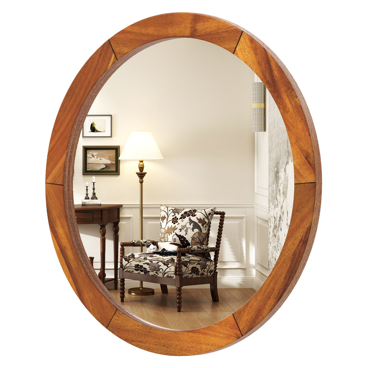 27 Inch Round Wall Mirror with Solid Acacia Wood Frame-Brown