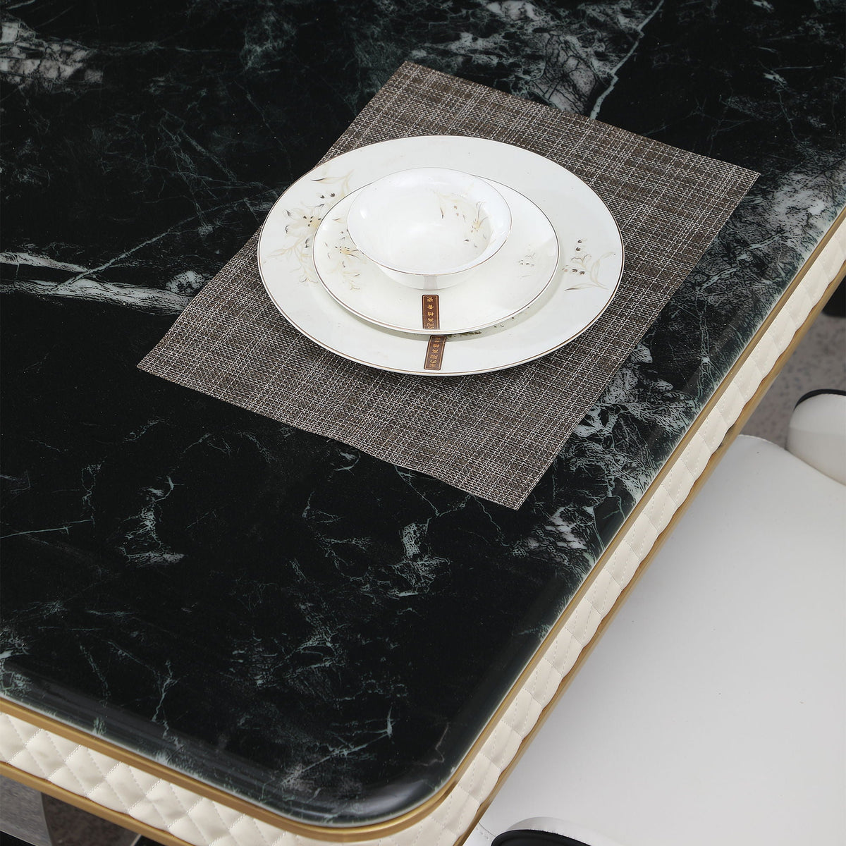Luxury Modern Dining Table With Faux Marble Top And Dual Circle Base - Black