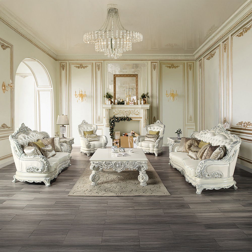 Adara - Chair With 2 Pillows - Pearl White Synthetic Leather & Antique White