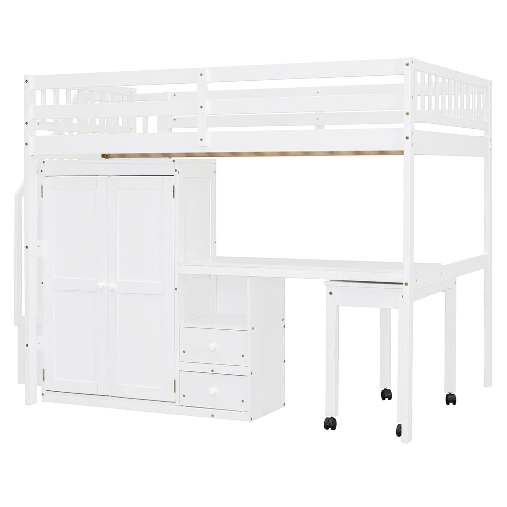 Loft Bed With Stairs, Bookshelf, Drawers, Desk & Wardrobe, Space Saving Multifunctional Furniture