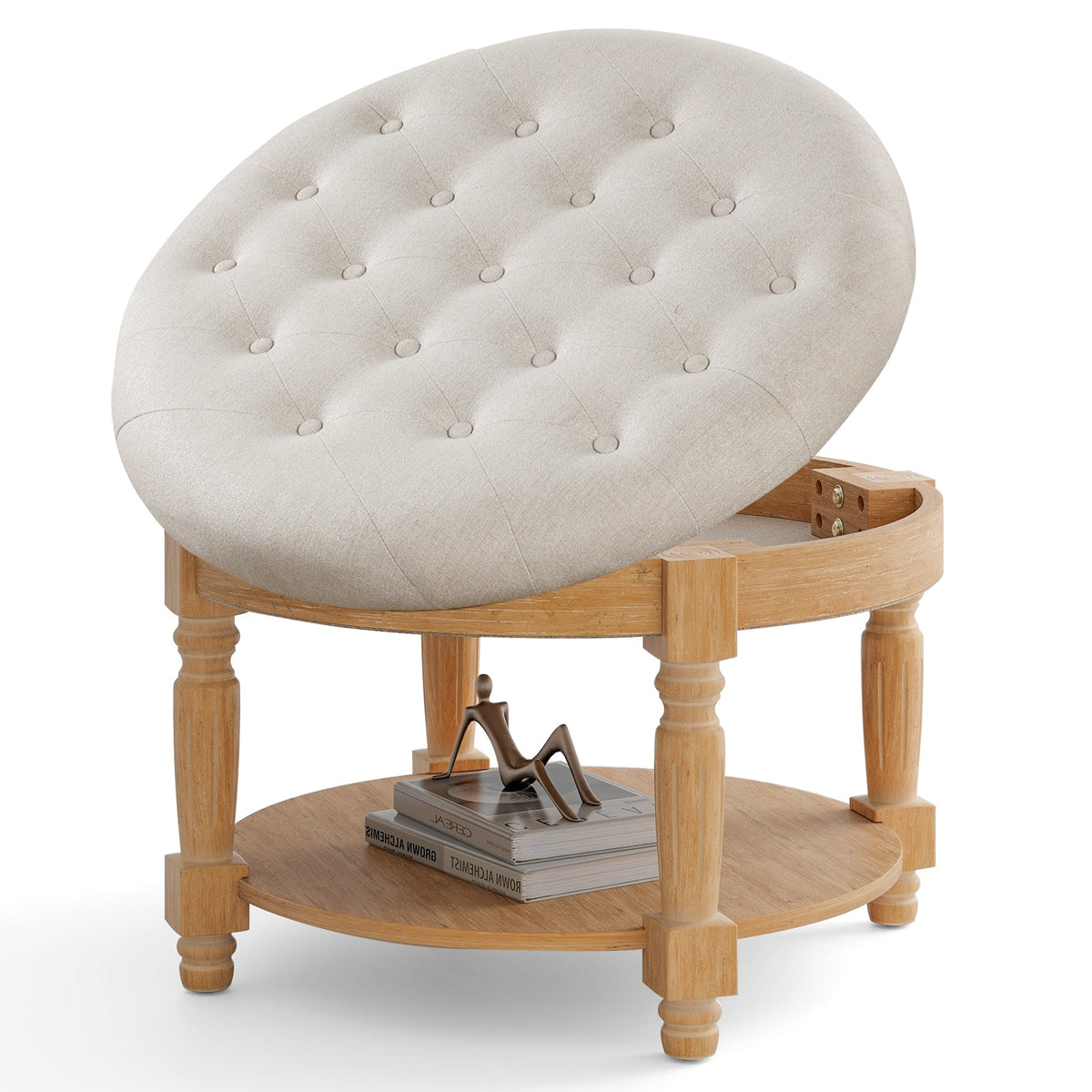 29 Inch Large Round Ottoman Coffee Table 2-Tier Upholstered Tufted Footrest Ottoman with Flip-up Top-Beige