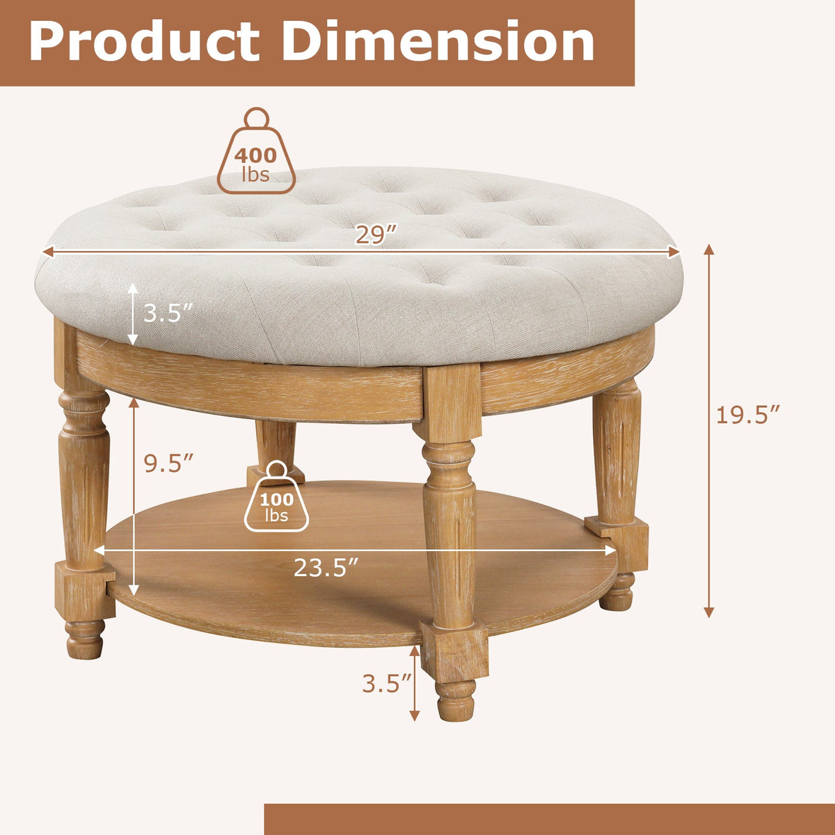 29 Inch Large Round Ottoman Coffee Table 2-Tier Upholstered Tufted Footrest Ottoman with Flip-up Top-Beige