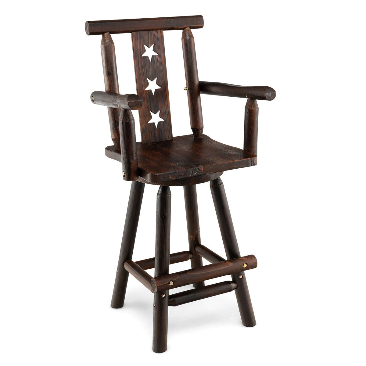 29 Inch Wooden Swivel Bar Stool with Footrest Backrest Armrest-Brown