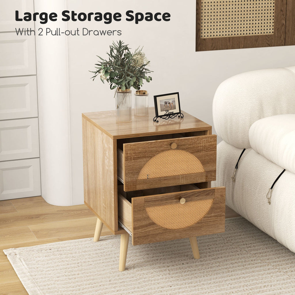 Set of 2 Rattan Nightstand with 2 Drawers and Solid Wood Legs-Natual