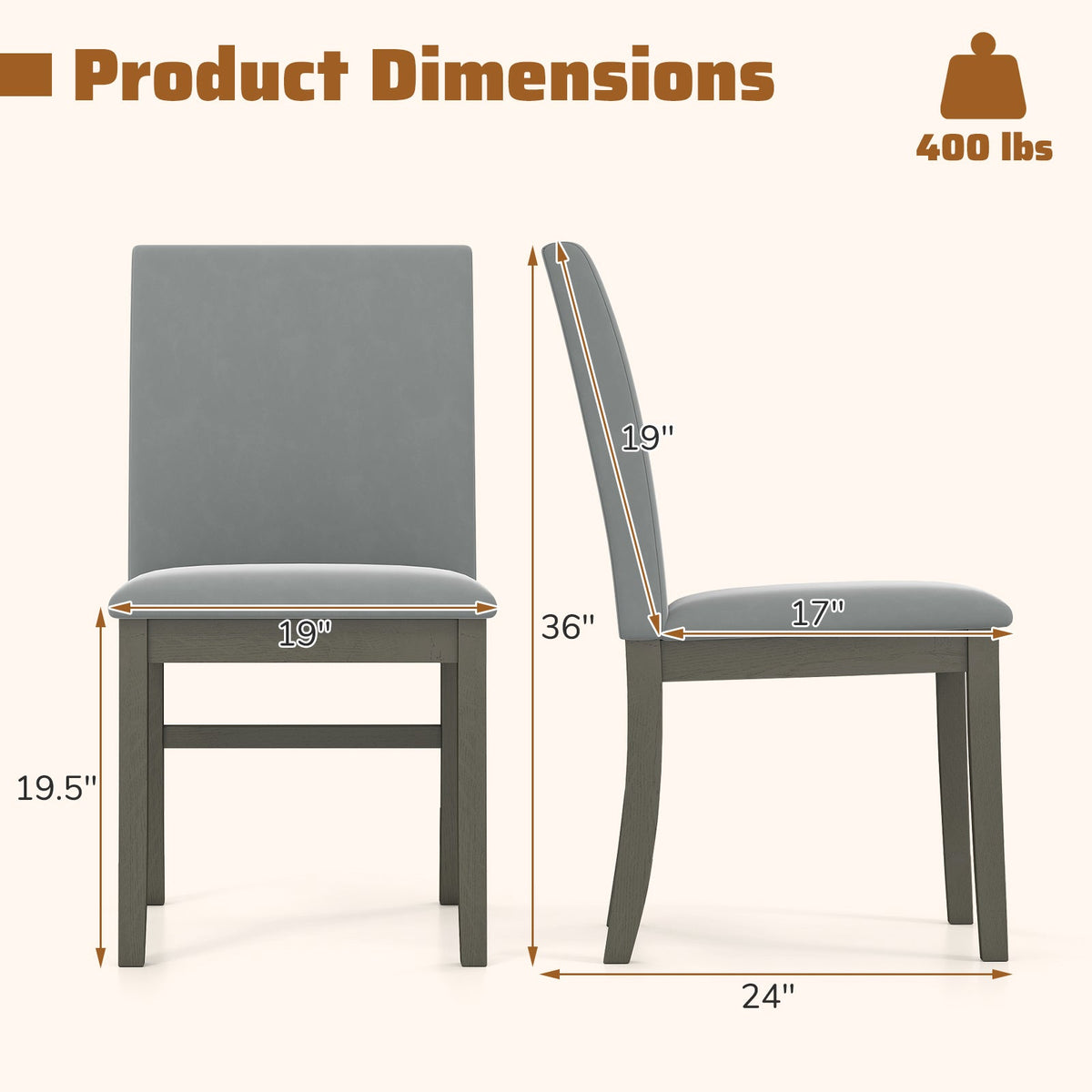 Upholstered Dining Chairs Set of 2 with Rubber Wood Legs and High Back-Gray