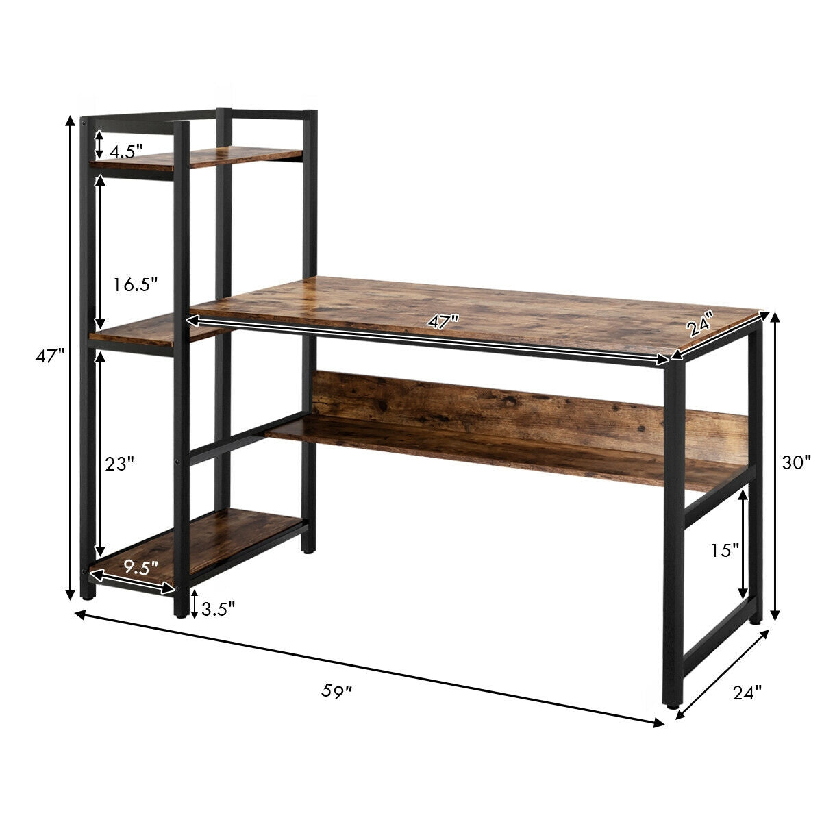 59-Inch Computer Desk Home Office Workstation 4-Tier Storage Shelves