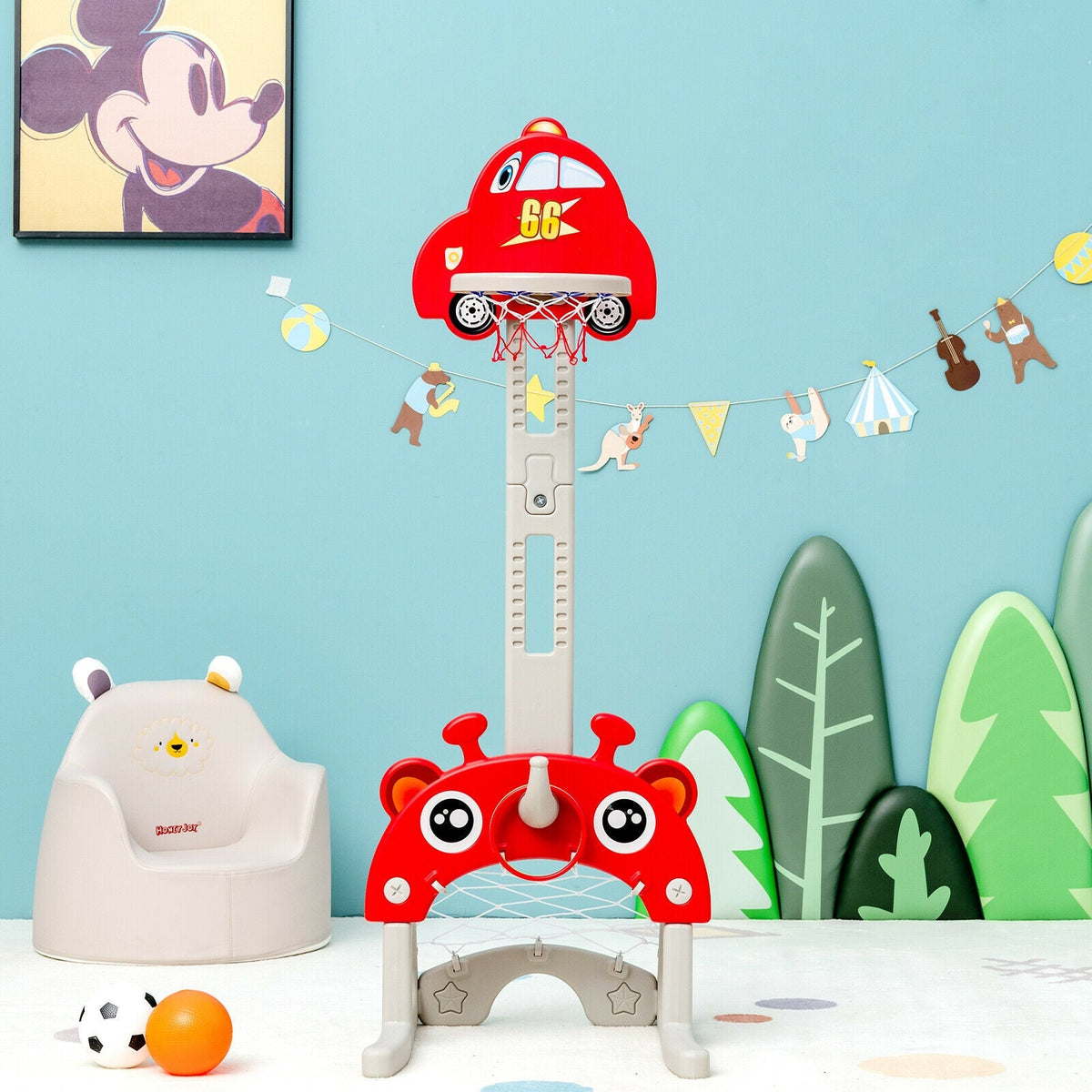 3-in-1 Basketball Hoop for Kids Adjustable Height Playset with Balls-Red
