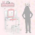 Kids Princess Vanity Table and Stool Set with Tri-folding Mirror and Drawer