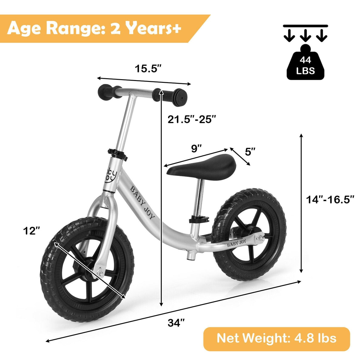 Aluminum Adjustable No Pedal Balance Bike for Kids-Black