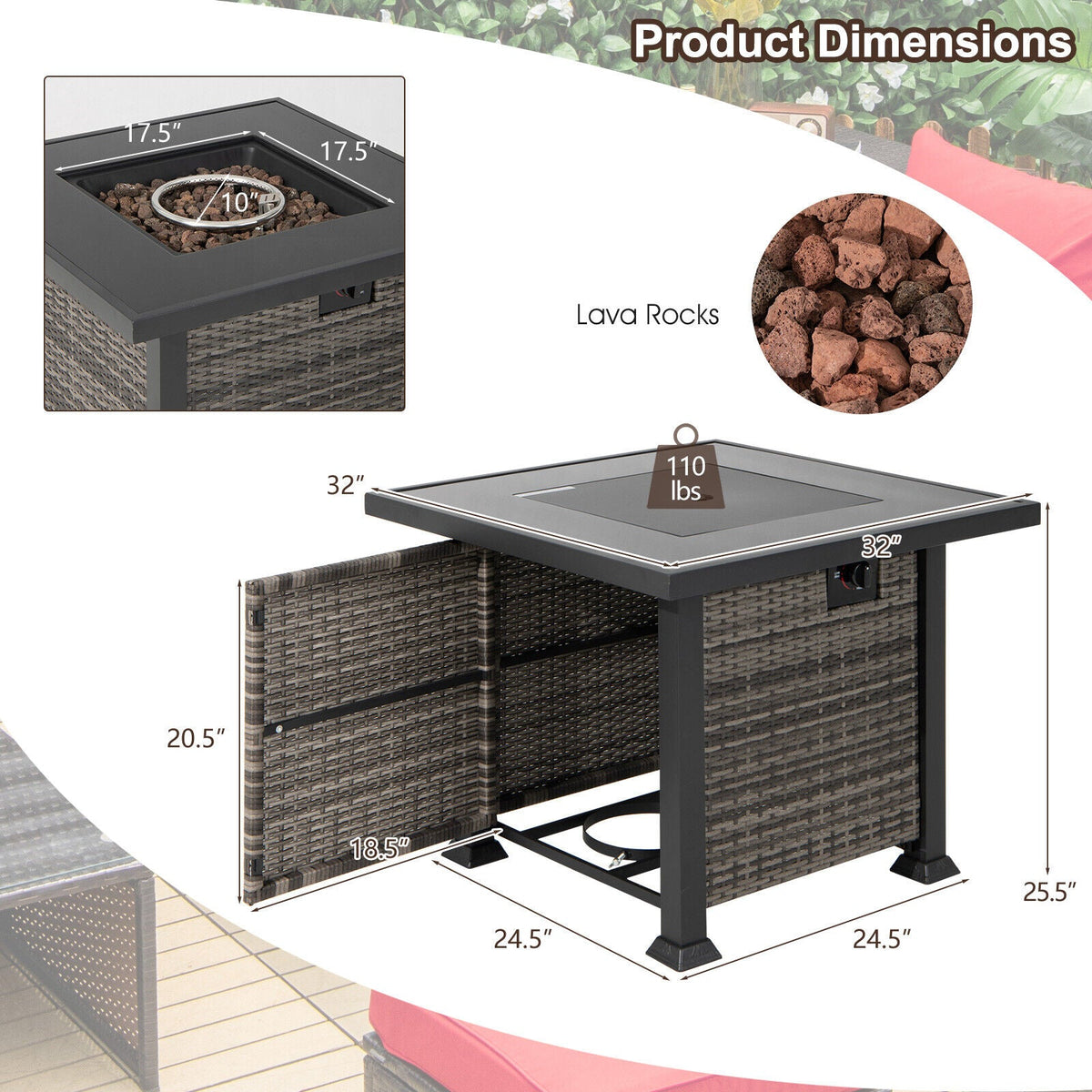 32 Inch Square Propane Fire Pit Table with Lava Rocks Cover