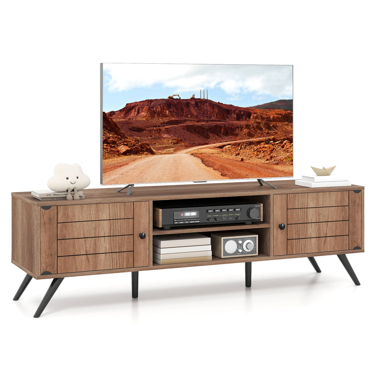 2-Door TV Stand for TVs up to 65 Inch with Open Shelves-Oak