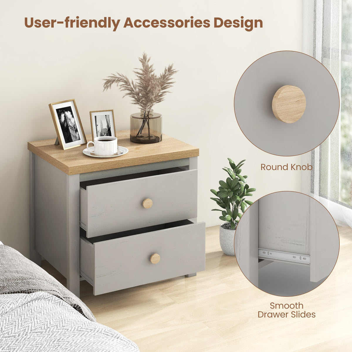 2-Drawer Nightstand with Rubber Wood Legs