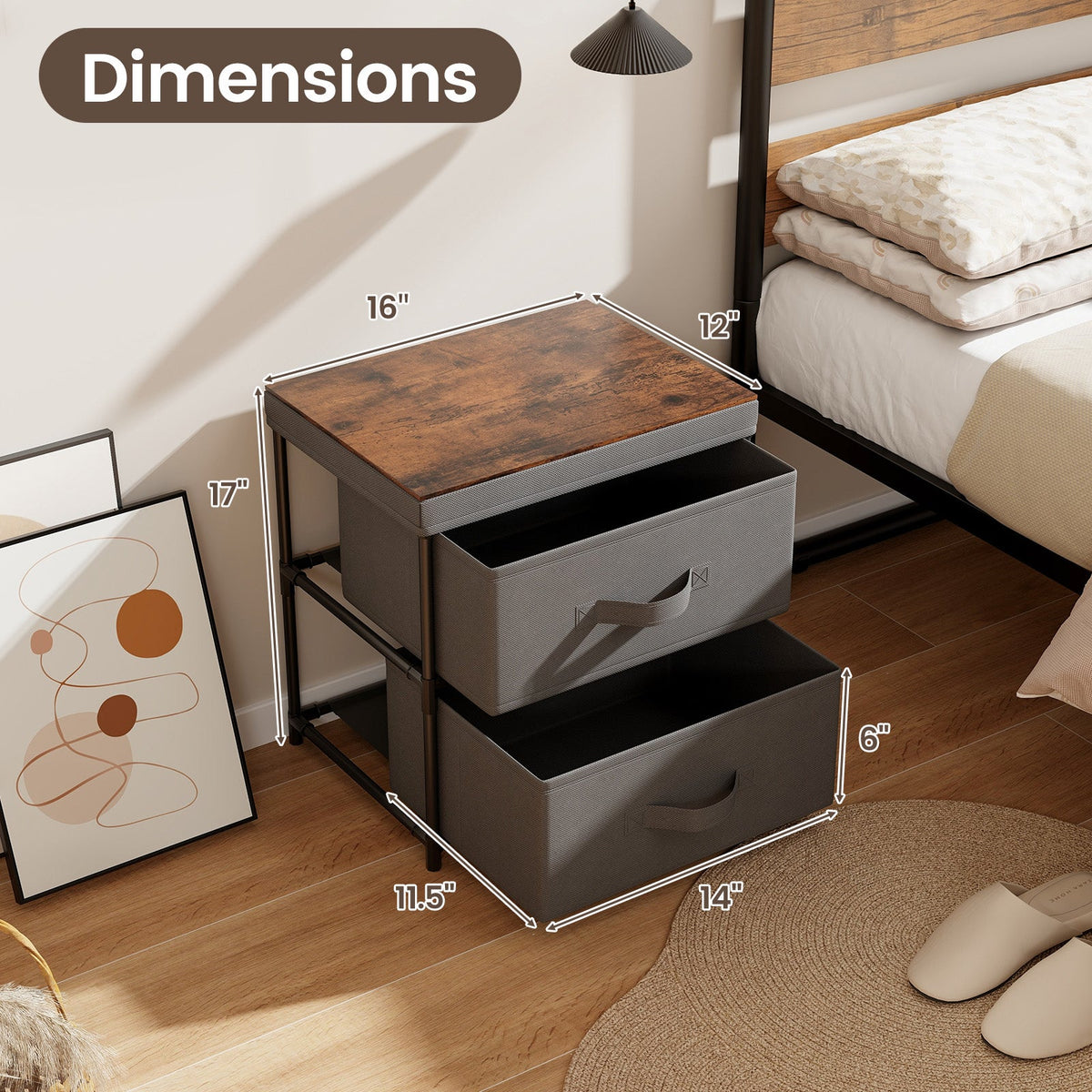 2-Drawer Nightstand with Removable Fabric Bins and Pull Handles