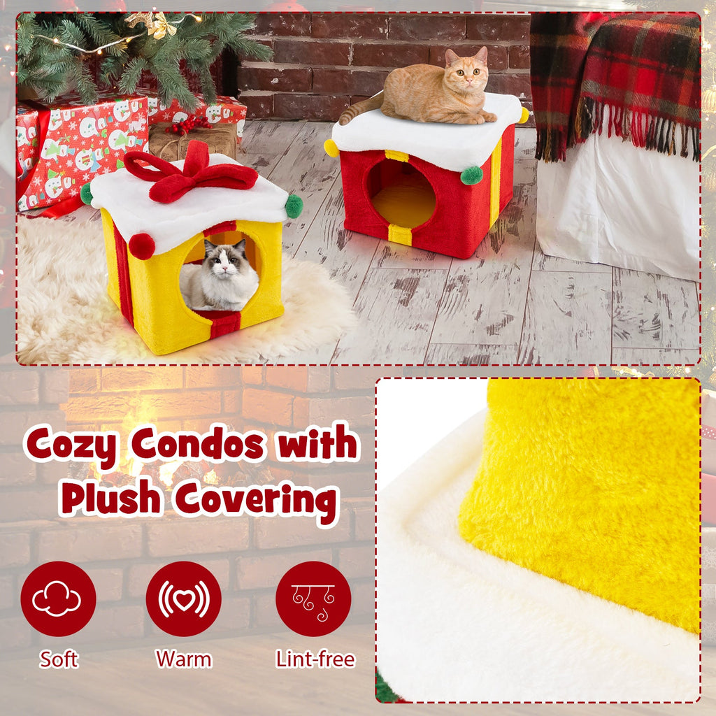 2 Gift Box Shaped Cute Christmas Cat House with Bow-Multicolor