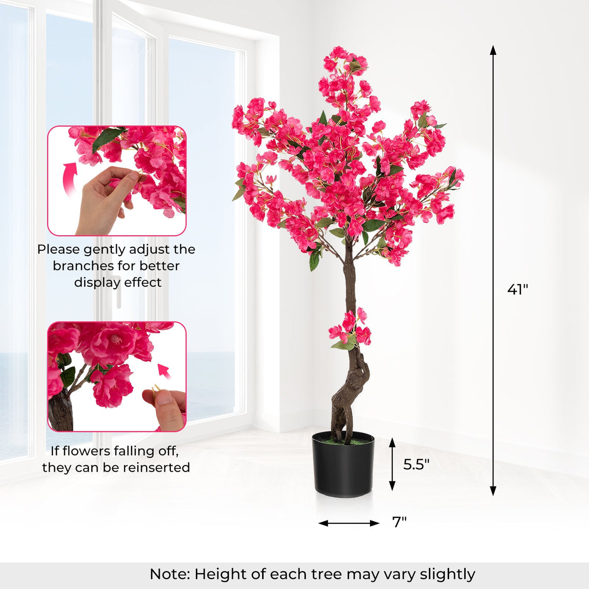 2 Pack 41 Inch Artificial Plum Blossom Tree Fake Floral Plant with 92 Flowers-Red