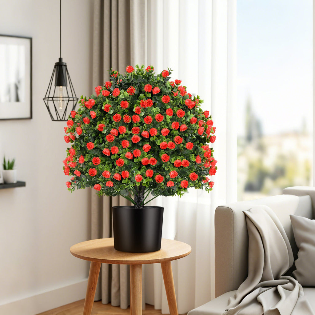 2 Pack Artificial Rose Topiary Ball Tree Faux Shrub Bushes with Flowers-Red