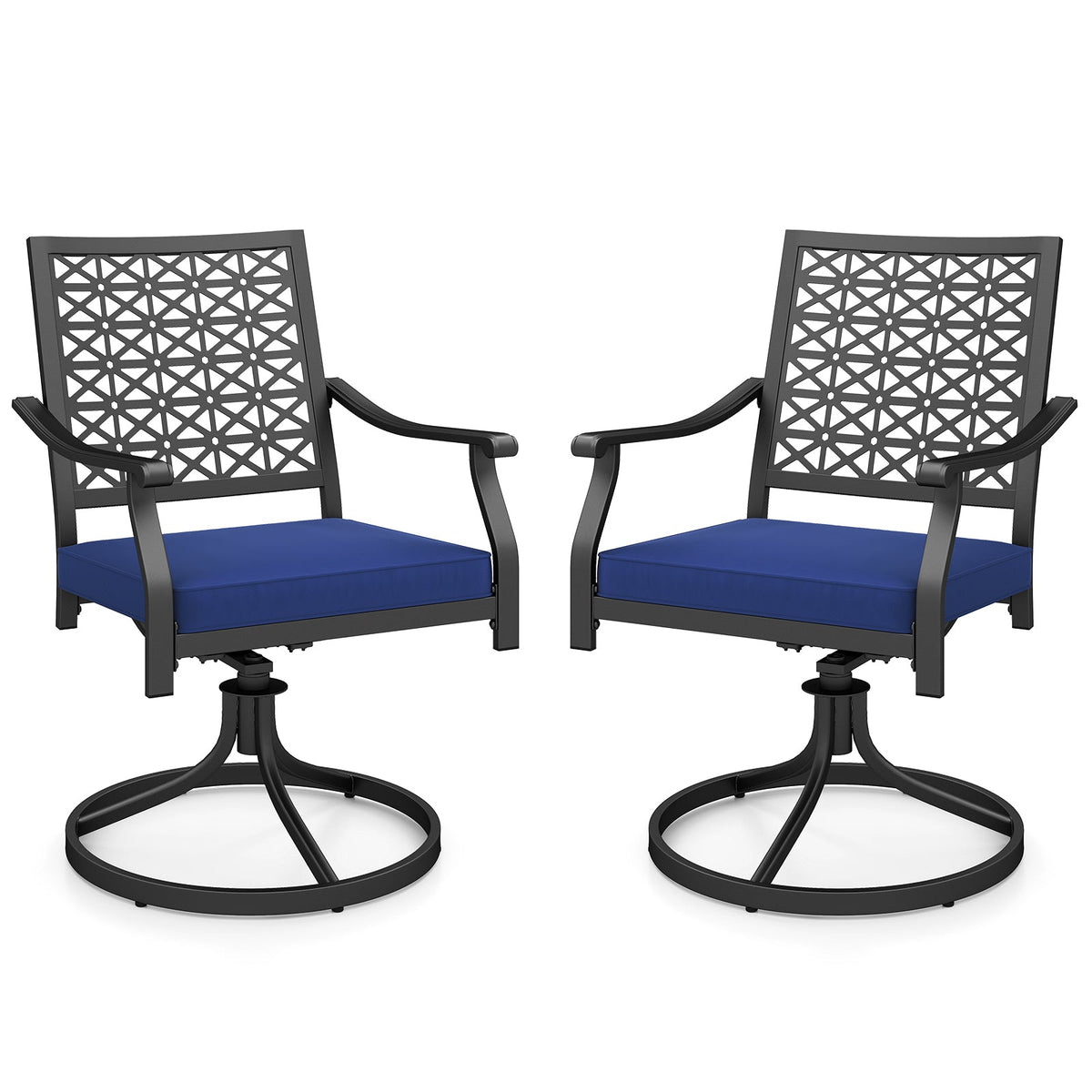 2 Pack Swivel Outdoor Chairs with Soft Cushions and Round Steel Base-Navy