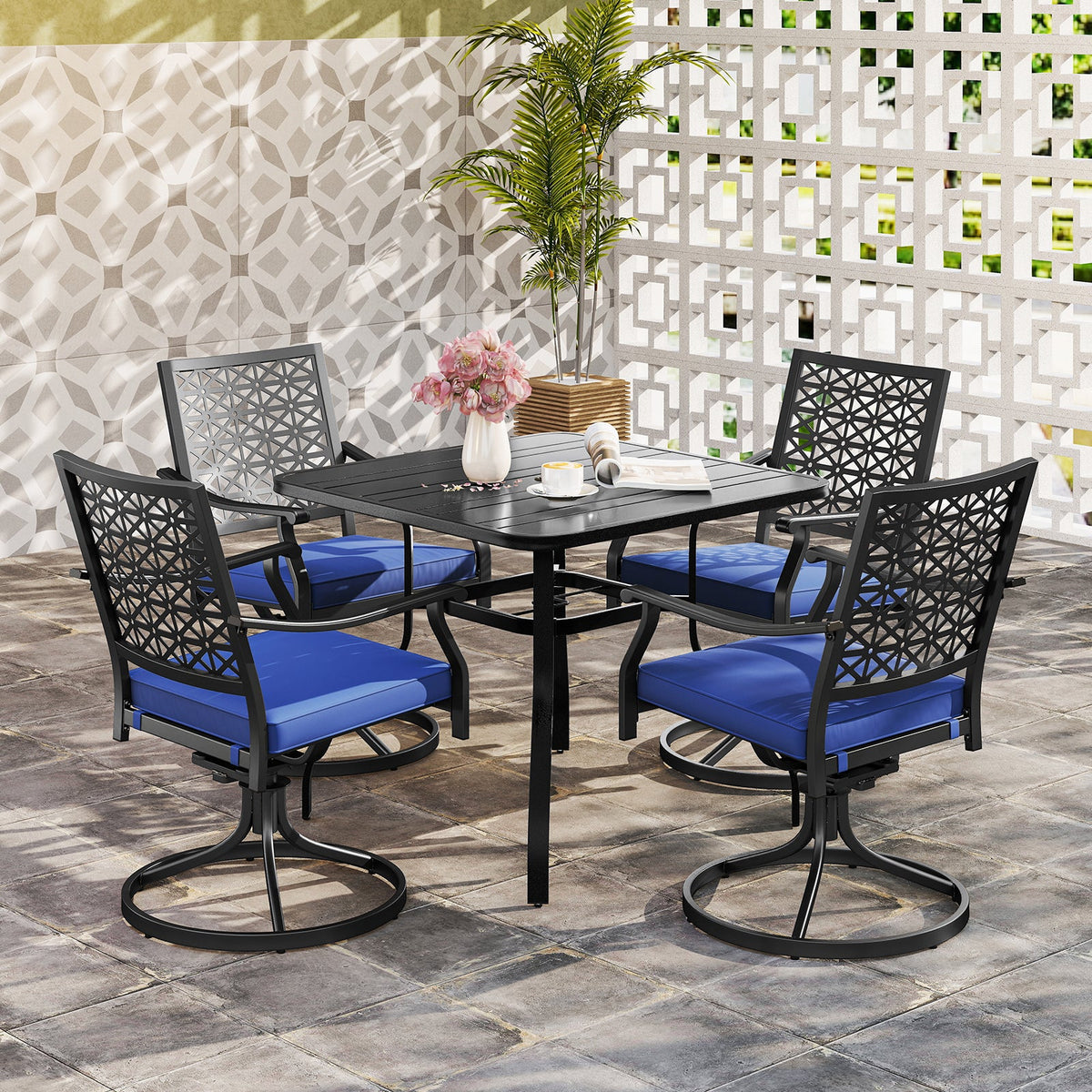 2 Pack Swivel Outdoor Chairs with Soft Cushions and Round Steel Base-Navy