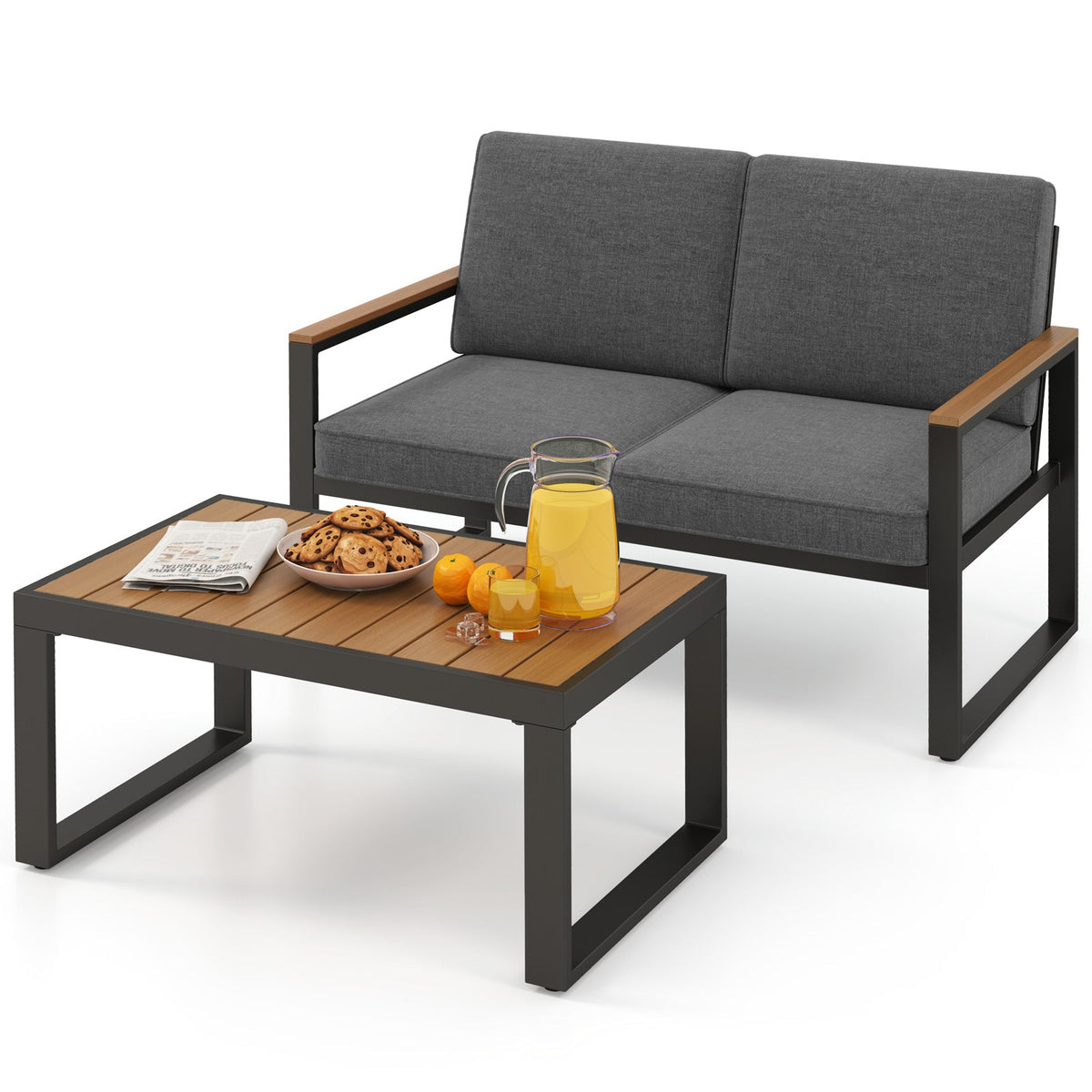 2 Piece Patio Aluminum Furniture Set with Wood-Plastic Armrests and Tabletop-Gray
