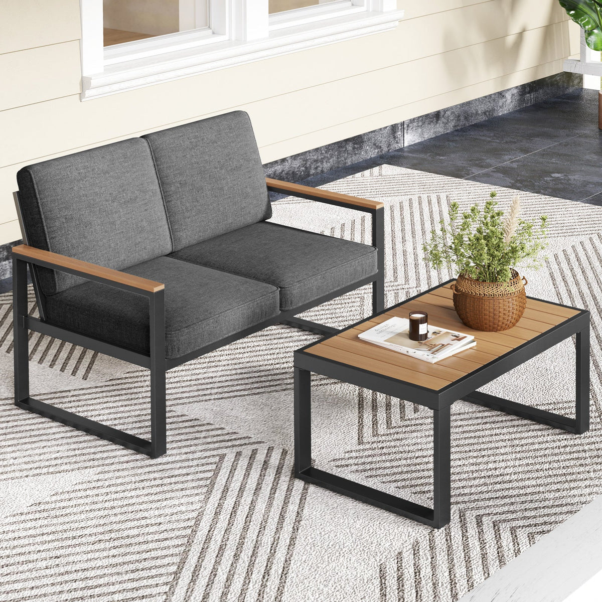 2 Piece Patio Aluminum Furniture Set with Wood-Plastic Armrests and Tabletop-Gray