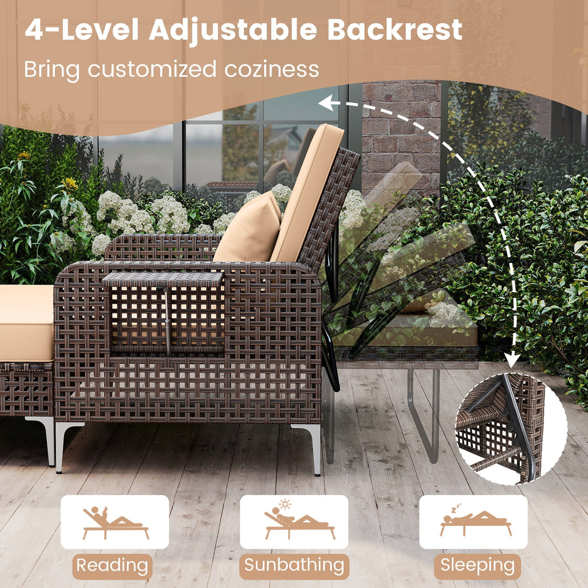 2 Piece Patio Rattan Daybed Wicker Loveseat and Ottoman with Adjustable Backrest