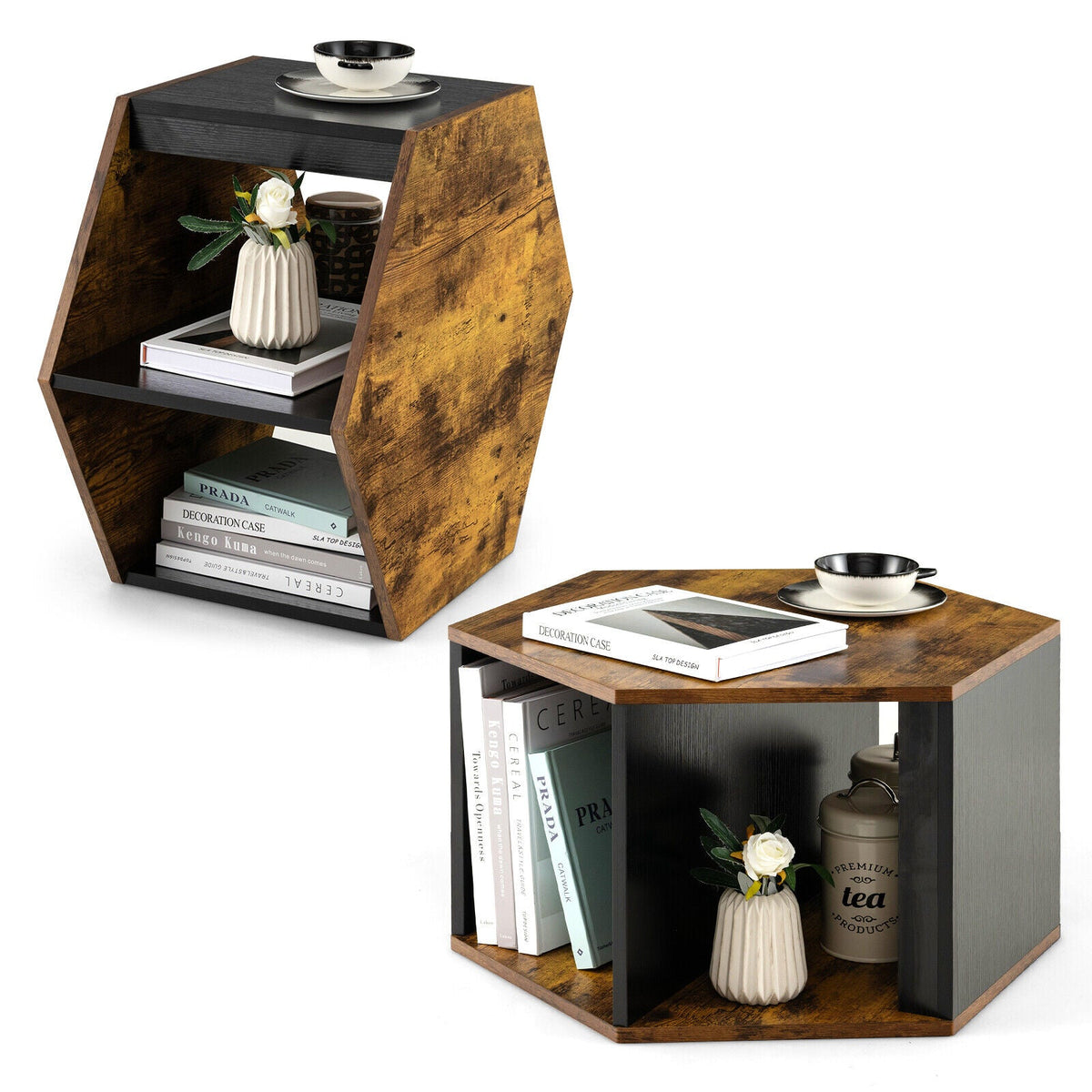 2 Pieces Hexagonal Side End Table for Living Office Coffee Room-Coffee