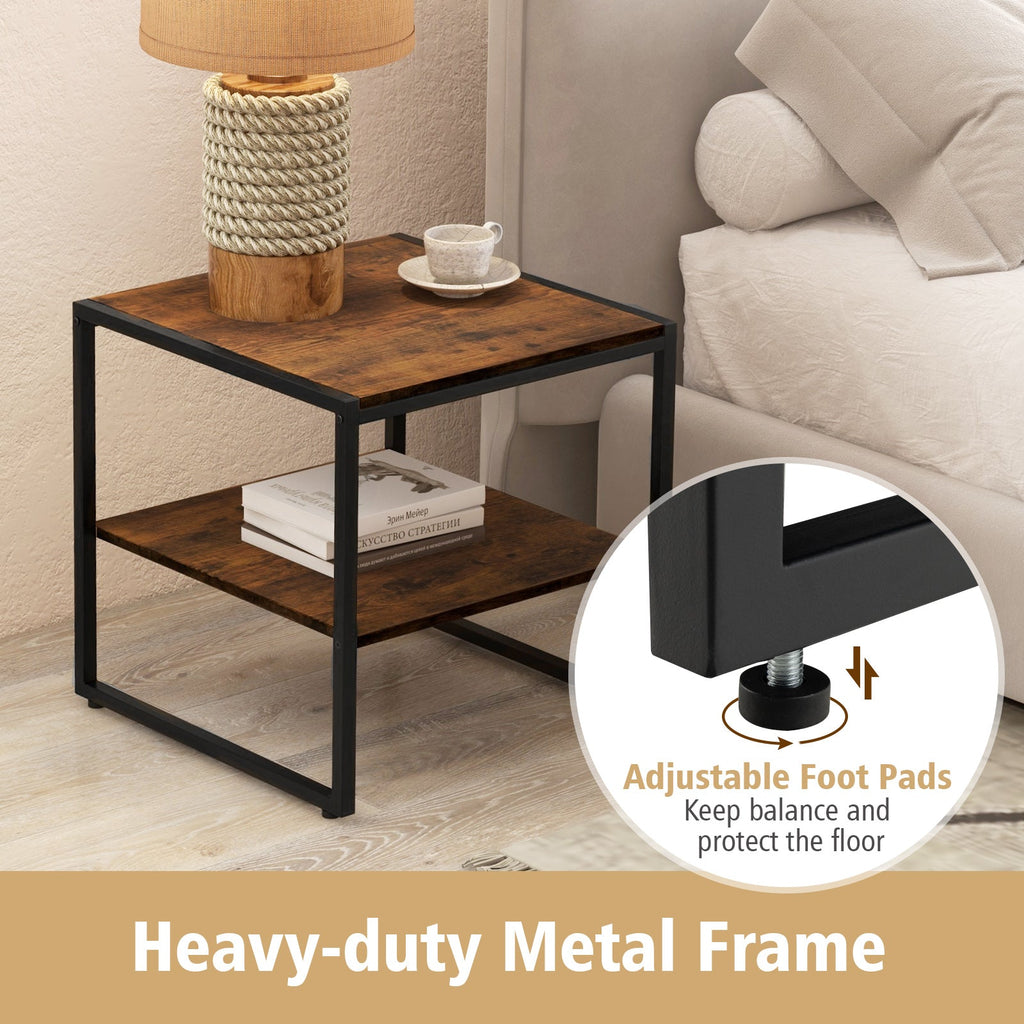 2 Pieces Industrial 2-Tier Side Table Set with Open Shelf-Rustic Brown