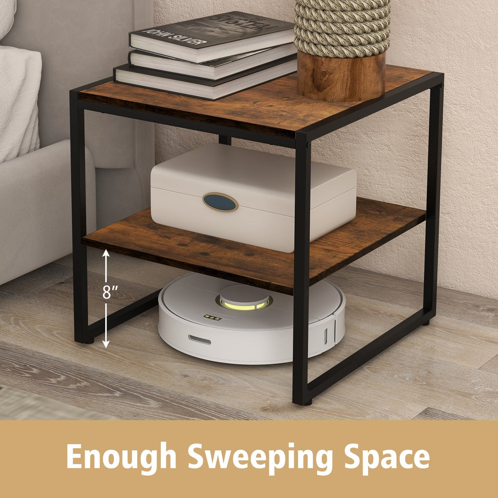 2 Pieces Industrial 2-Tier Side Table Set with Open Shelf-Rustic Brown