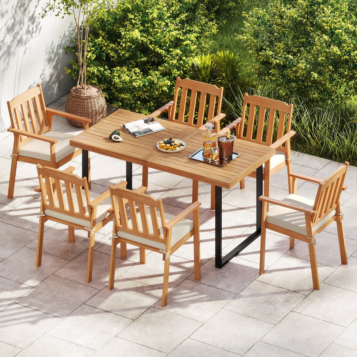 2 Pieces Patio Dining Chairs Outdoor Acacia Wood Chairs-White